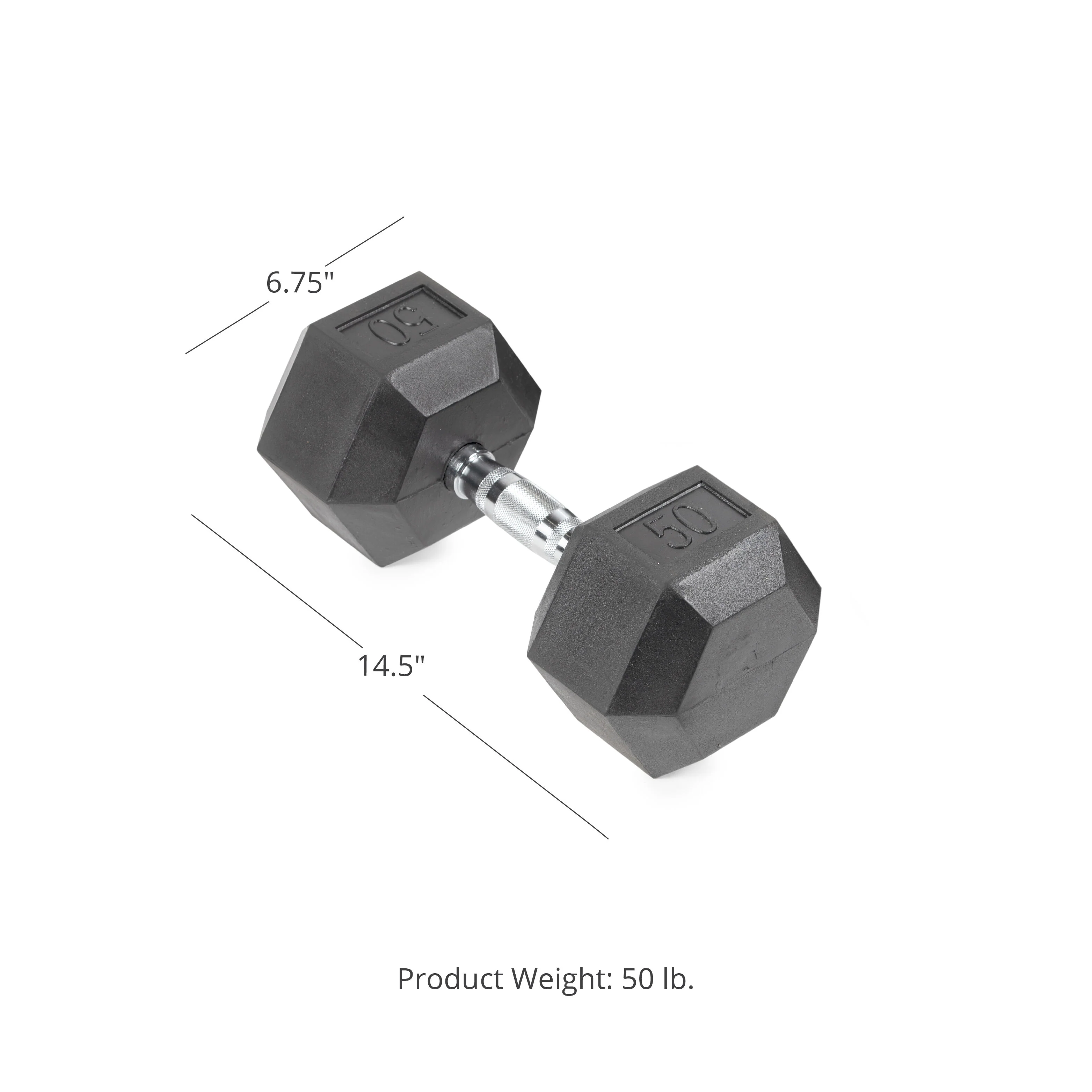 Scratch and Dent, Single 50 lb Black Rubber Coated Hex Dumbbell